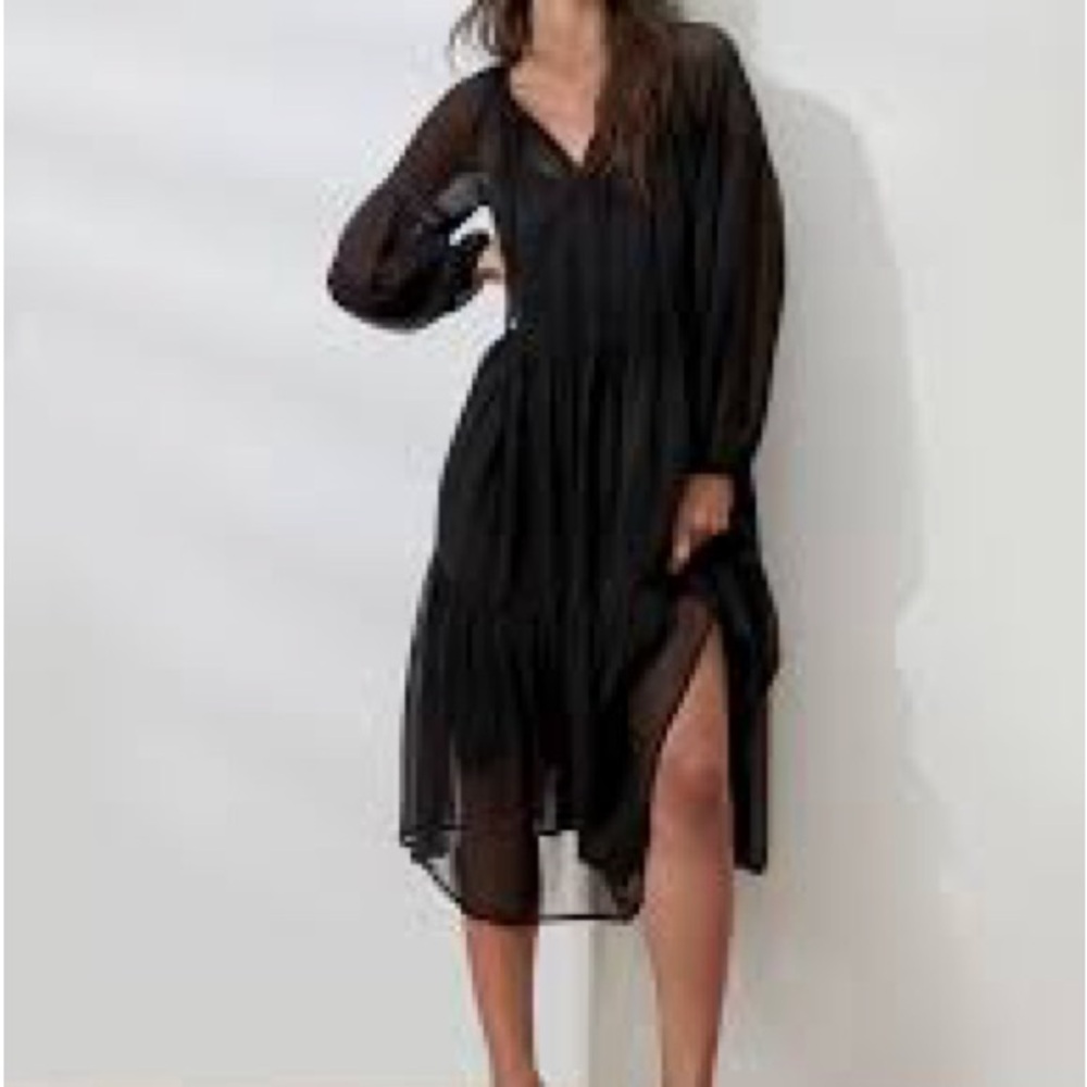 Banana Republic Size Small Swing Tiered Midi Dress Black Sheer Lined Boho